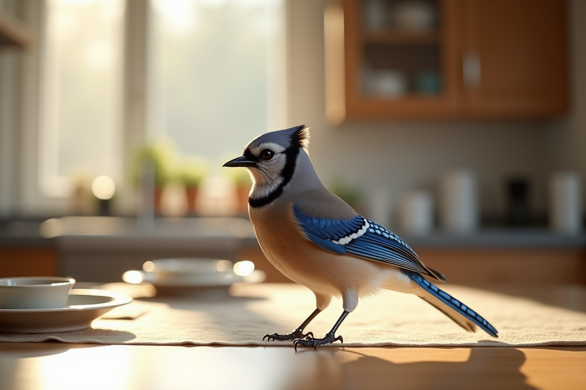 Mésange eurasiatique sur une table de cuisine en matinée