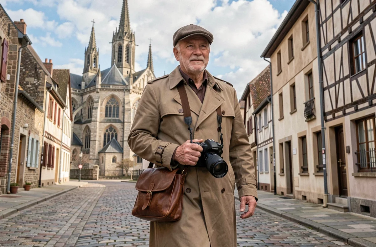 Jean-Marie photographe se promenant dans les rues historiques de Sens avec son matériel photo