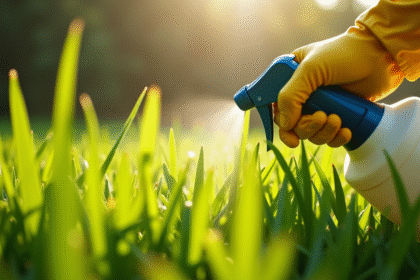 Main gantée pulvérisant herbicide sur mauvaises herbes vertes