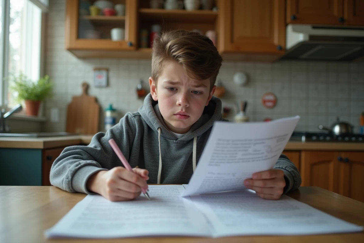 Adolescent lisant une rédaction corrigée à la maison