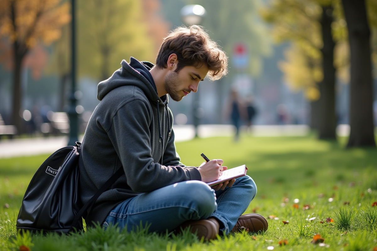 Jeune étudiant écrivant dans un parc urbain
