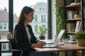 Jeune femme en tenue professionnelle travaillant sur un ordinateur