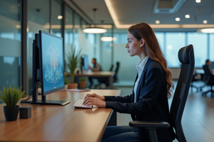 Jeune femme au bureau moderne utilisant un ordinateur innovant