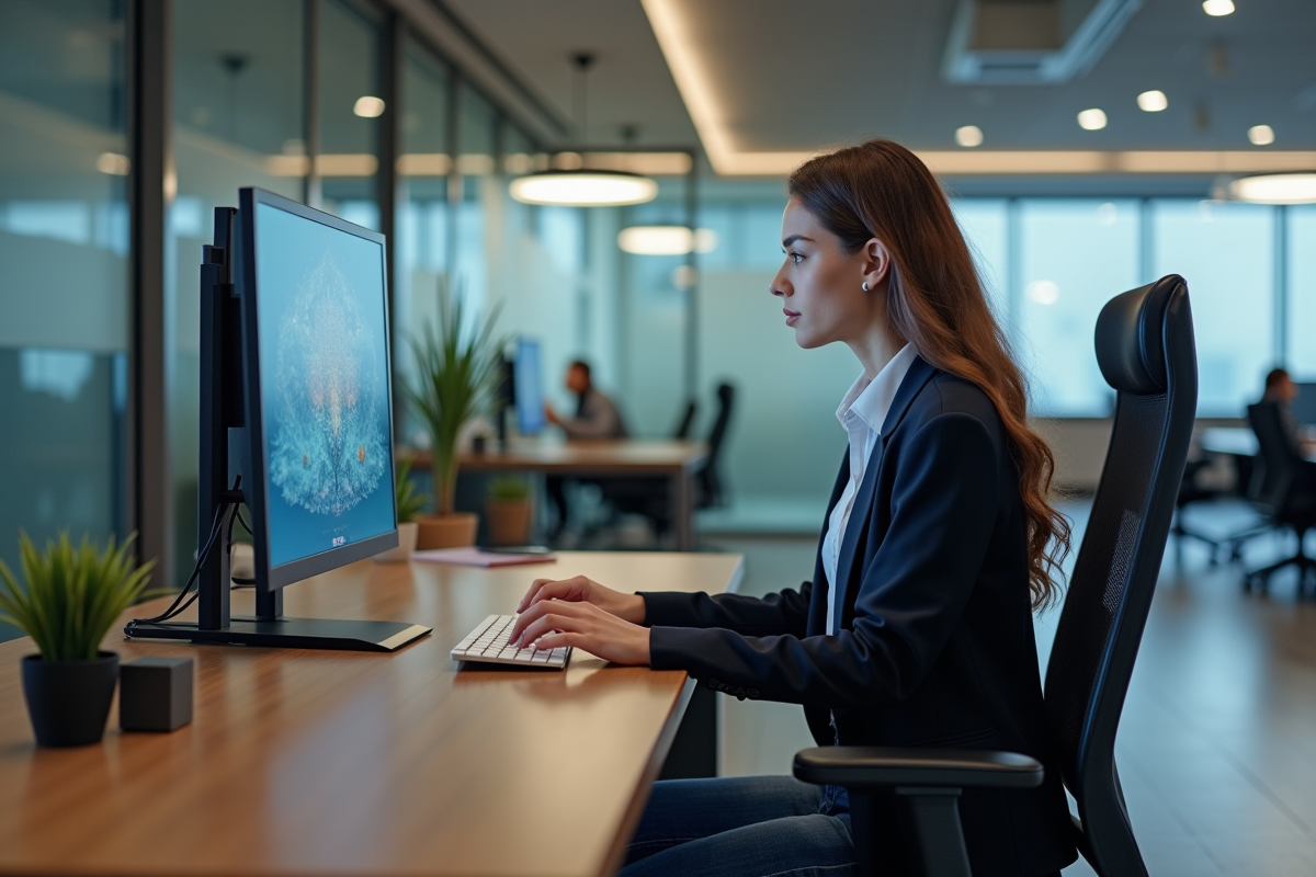 Jeune femme au bureau moderne utilisant un ordinateur innovant