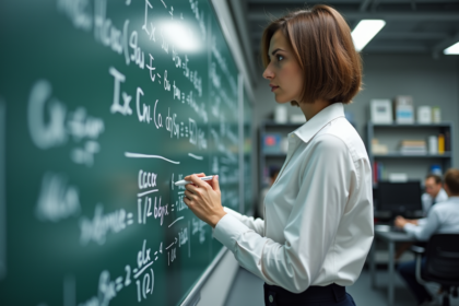 Femme en laboratoire de physique écrivant des équations