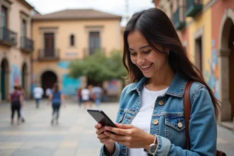Jeune femme hispanique souriante avec smartphone en ville
