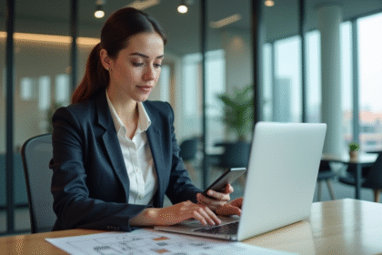 Jeune femme professionnelle dans un bureau immobilier moderne