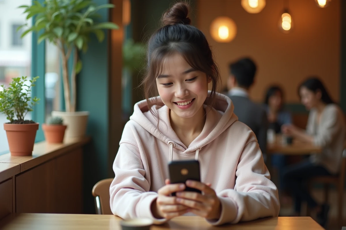 Jeune femme lisant un webtoon romantique sur son smartphone dans un café cosy