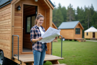 Jeune femme avec plans devant tiny house en nature