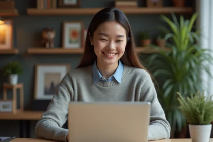 Jeune femme professionnelle travaillant à domicile dans un bureau chaleureux