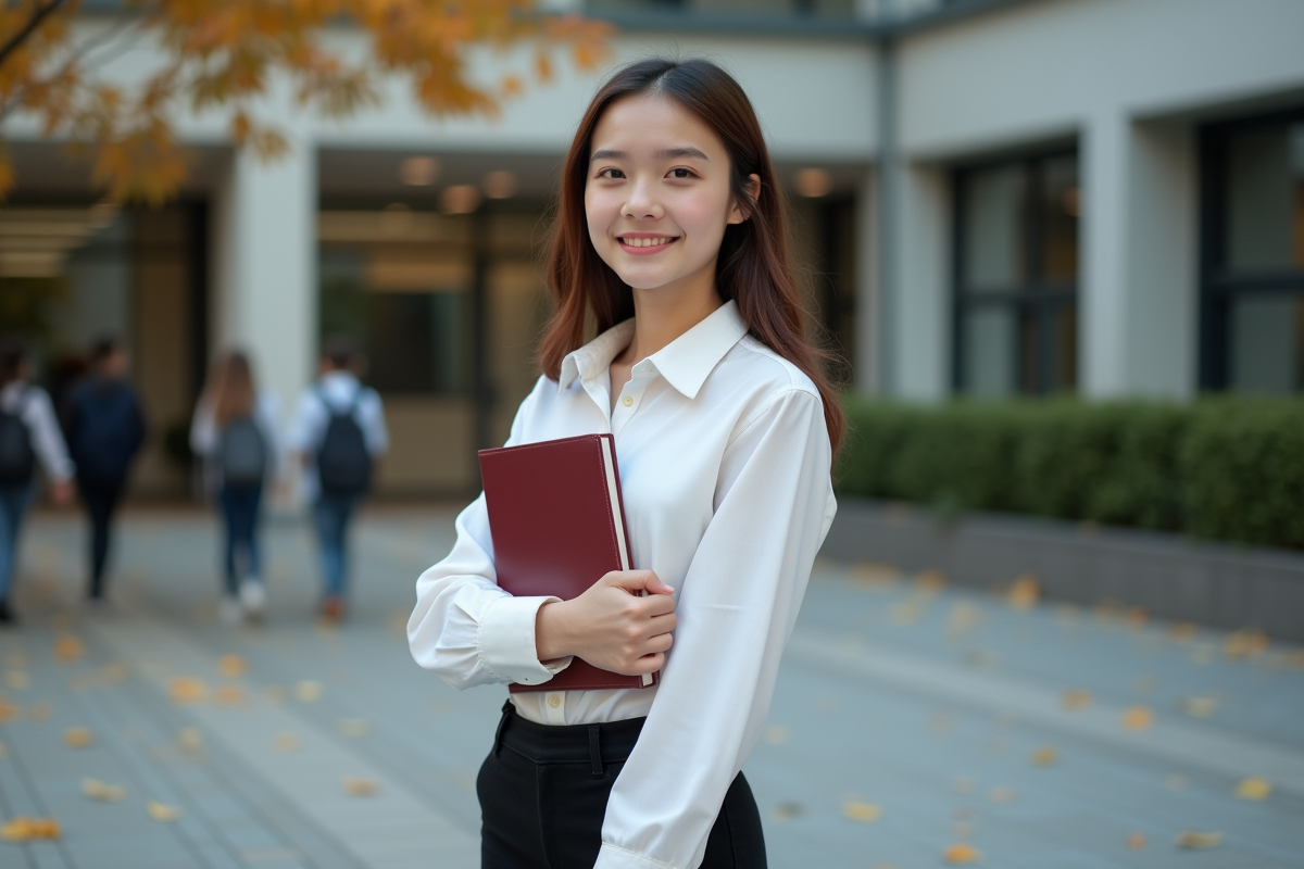 Jeune fille souriante devant le lycée après les cours