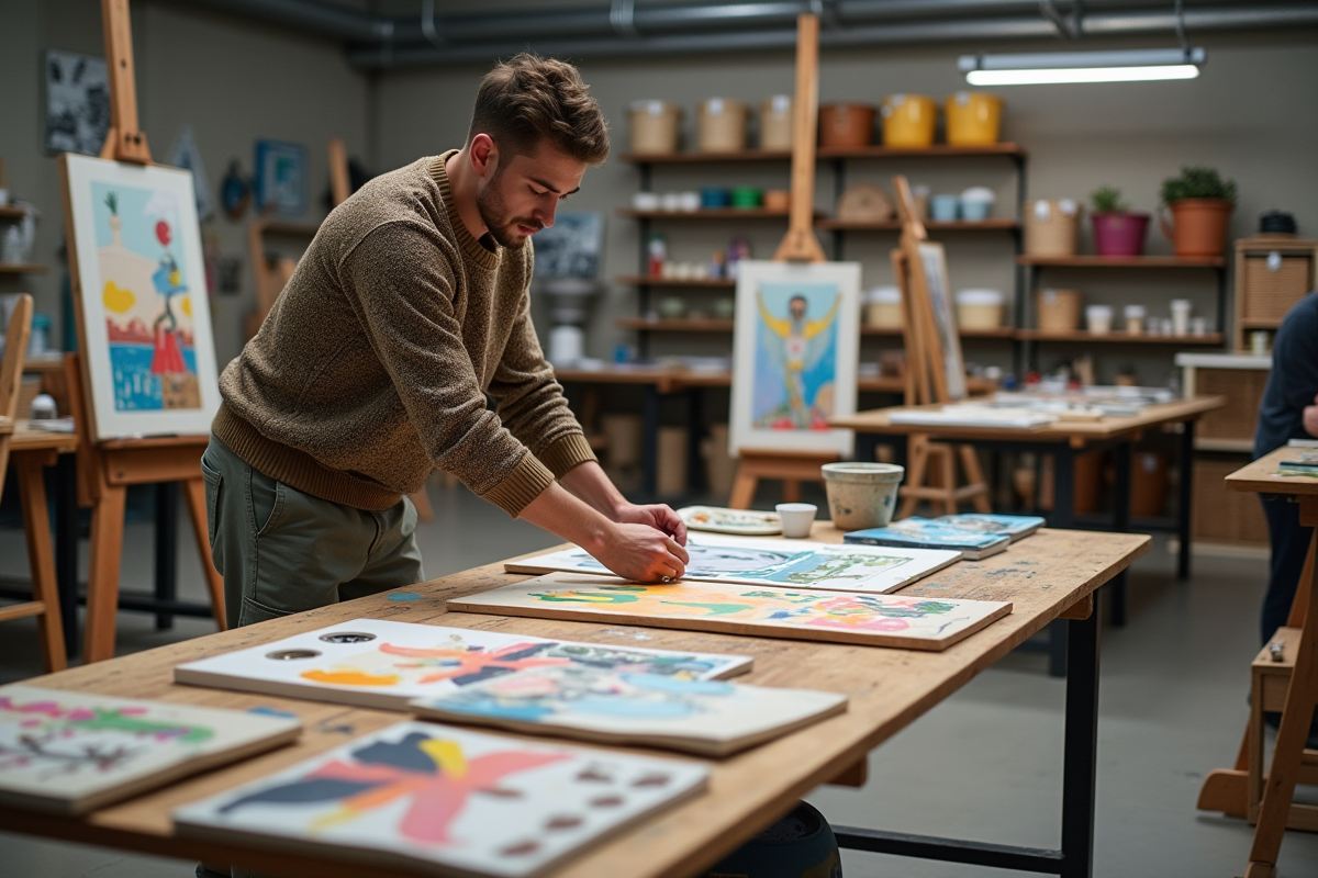 Jeune homme arrangeant des œuvres d art dans un atelier créatif