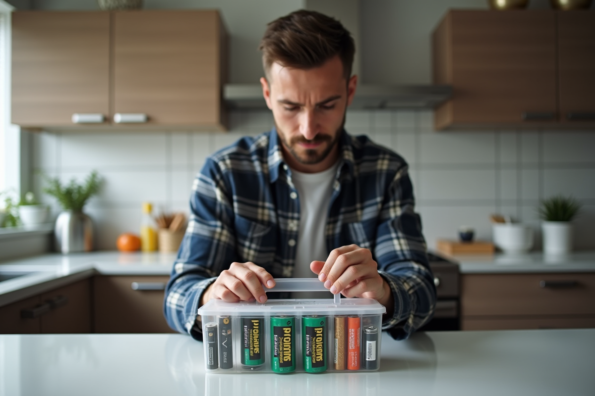 Jeune homme rangeant des batteries dans une cuisine moderne