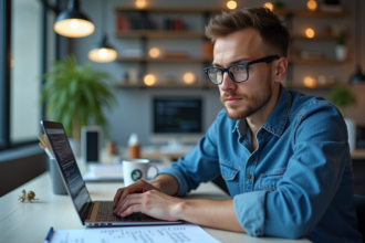 Jeune homme au bureau avec code binaire sur l'écran