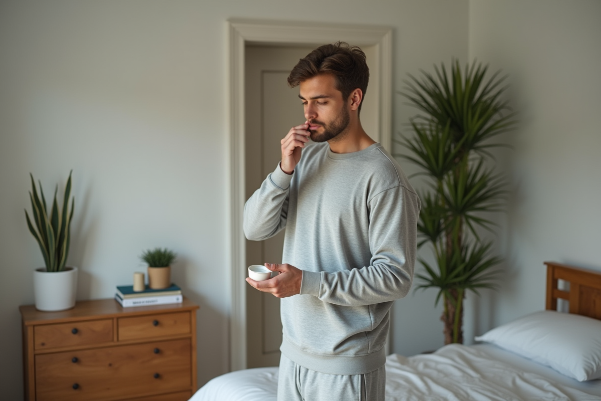 Jeune homme appliquant une creme sur son visage dans sa chambre