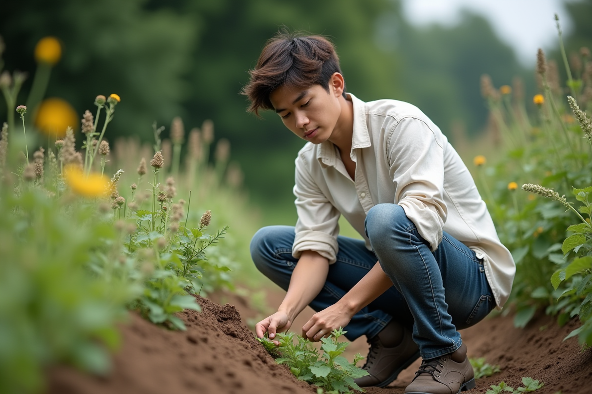 Jeune homme cueillant des plantes médicinales dans un jardin