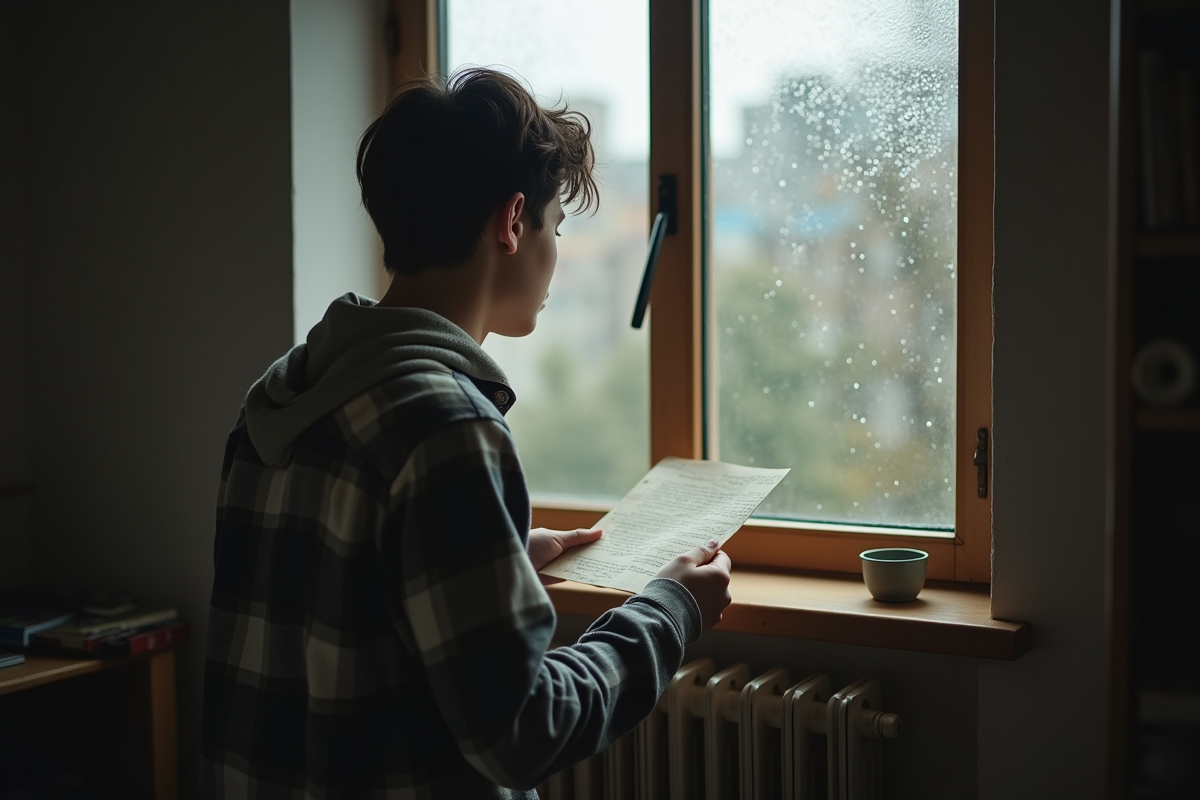Jeune homme regardant par la fenêtre avec une lettre ancienne