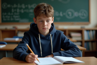 Adolescent pensif en classe de lycée avec examen de maths