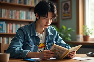 Jeune homme lisant manga One Piece à la maison