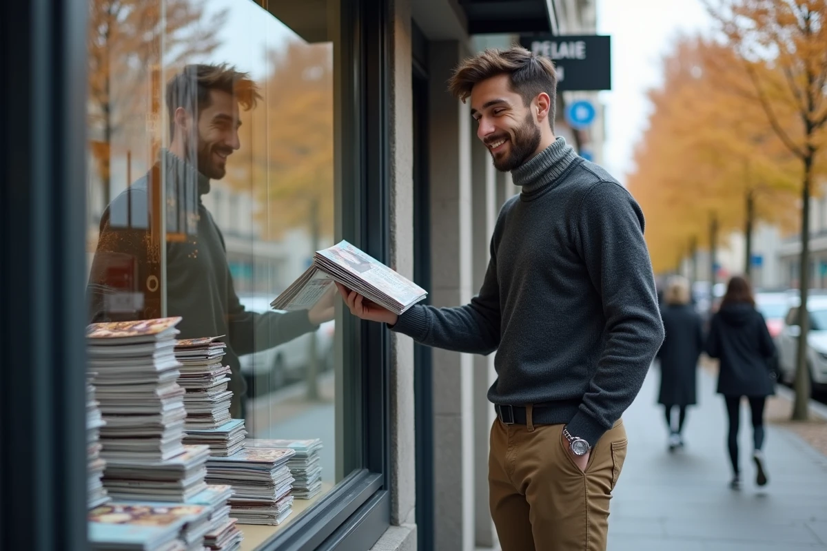 Jeune homme français organisant des flyers promotionnels