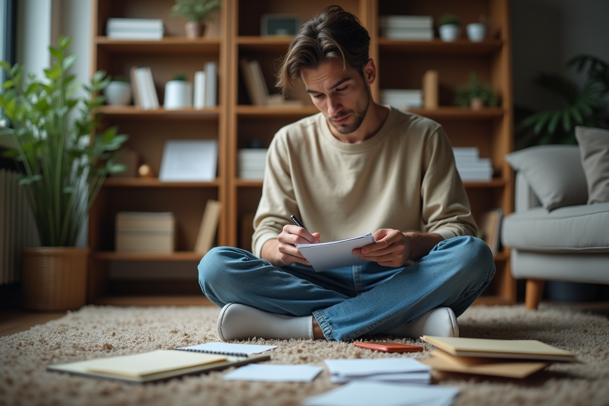 Jeune homme organisant des enveloppes et écrivant dans un carnet dans le salon