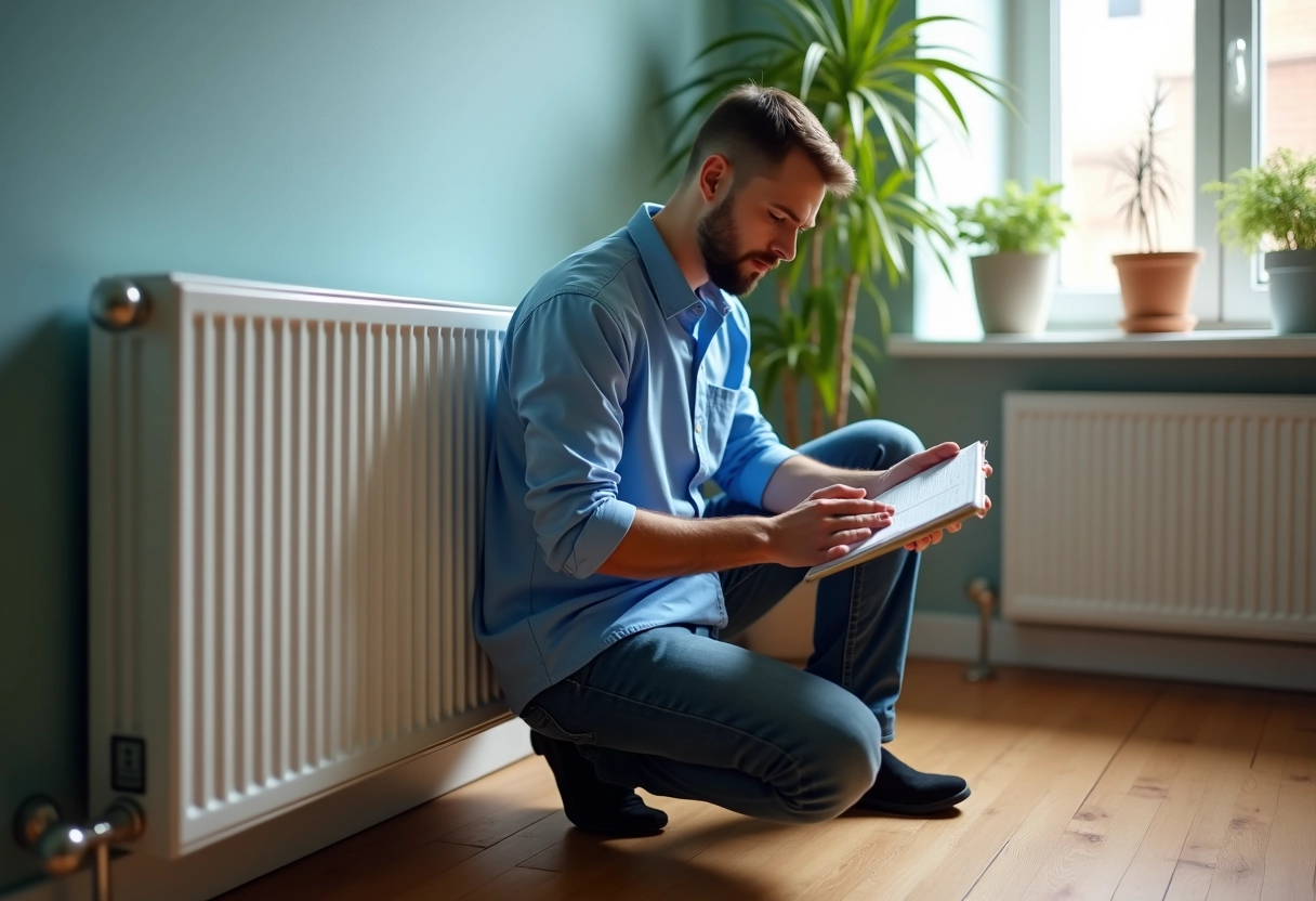 Jeune homme inspectant un radiateur dans un salon lumineux