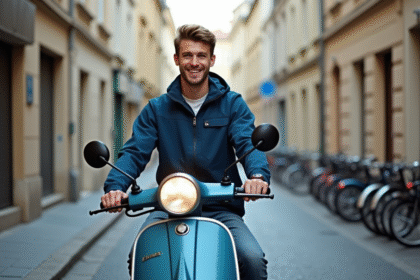 Jeune homme souriant sur scooter 50 cc en ville