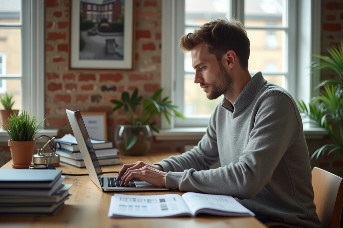 Jeune homme français travaillant sur son ordinateur portable