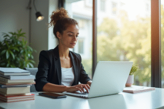 Jeune professionnel utilisant un ordinateur portable dans un bureau lumineux
