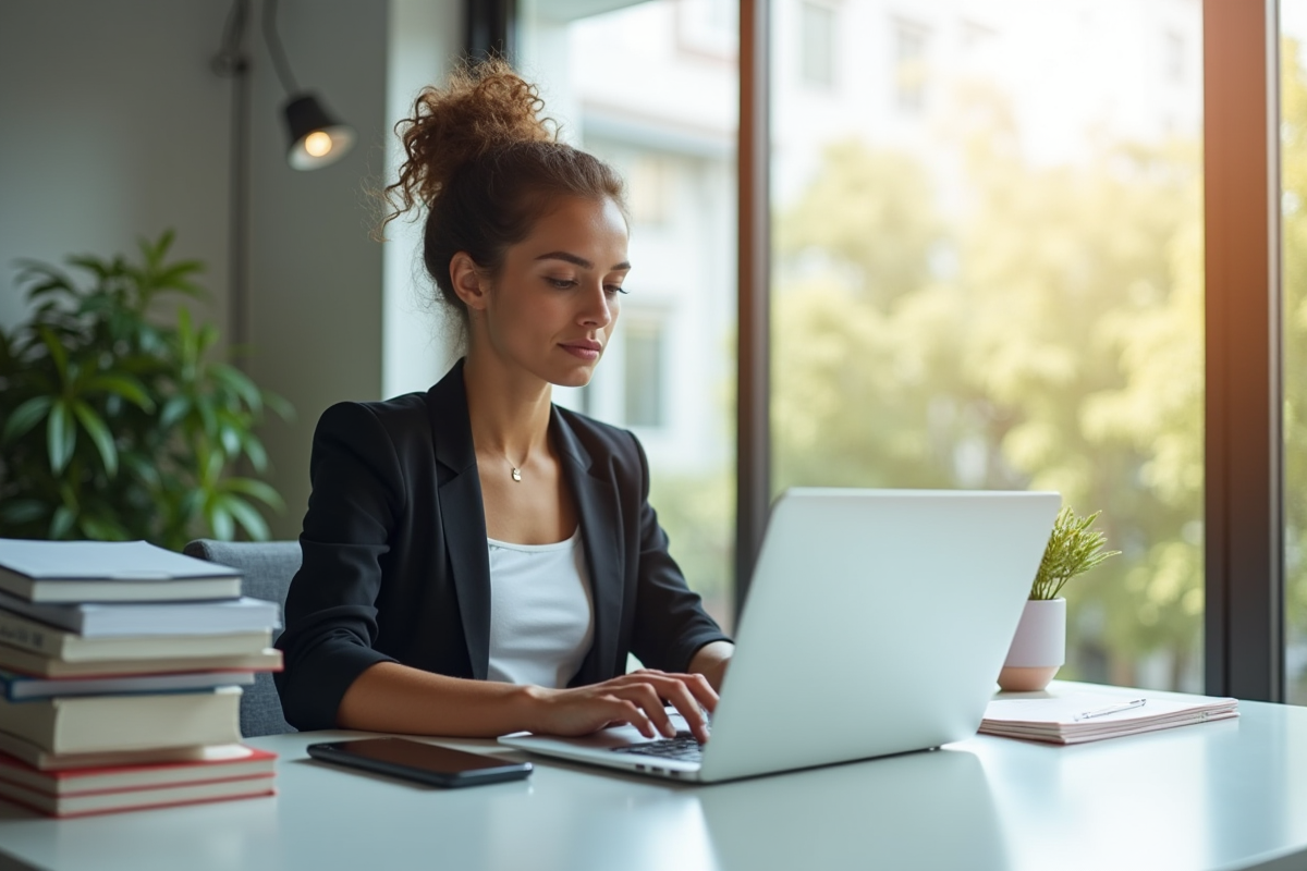Jeune professionnel utilisant un ordinateur portable dans un bureau lumineux