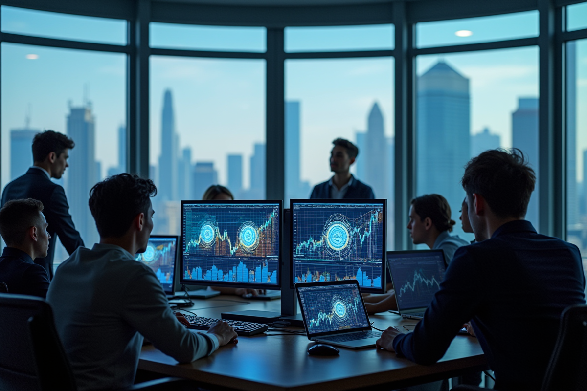 Jeunes professionnels analysant graphiques crypto en bureau