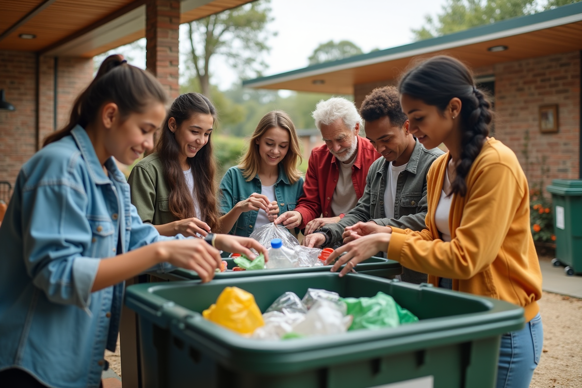 Groupe diversifié de jeunes et un homme âgé triant des recyclables