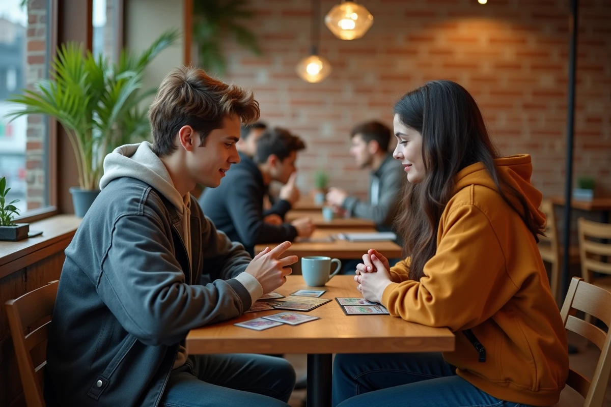 Deux jeunes adultes jouant à Pokémon TCG Pocket dans un café urbain avec des decks organisés sur la table