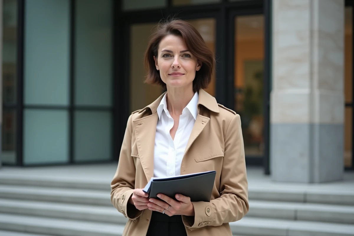 Femme journaliste posant devant un bâtiment moderne