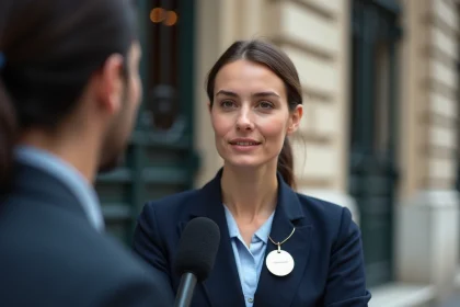 Journaliste française en direct devant un bâtiment officiel parisien, micro en main, badge de presse visible