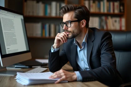 Journaliste homme réfléchi dans son bureau urbain