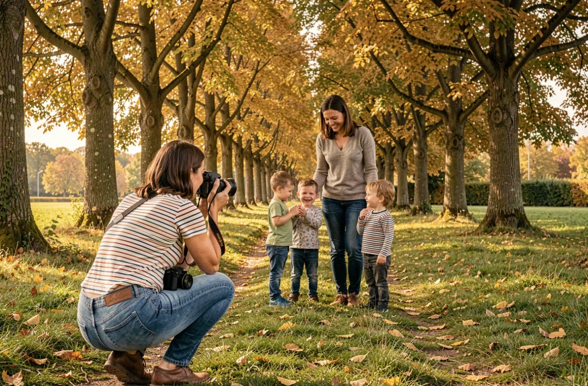 Julie Photographie capturant un portrait de famille dans un parc de l'Yonne en automne