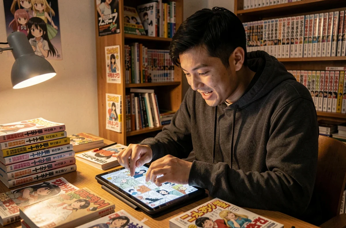 Jeune homme lisant des scans de manga en ligne sur une tablette entourée de volumes physiques sur un bureau en bois