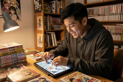 Jeune homme lisant des scans de manga en ligne sur une tablette entourée de volumes physiques sur un bureau en bois