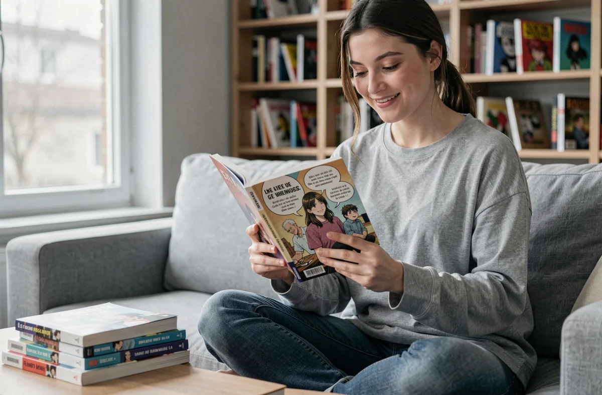 Jeune femme lisant un scan de manga traduit en français sur son canapé dans un salon moderne