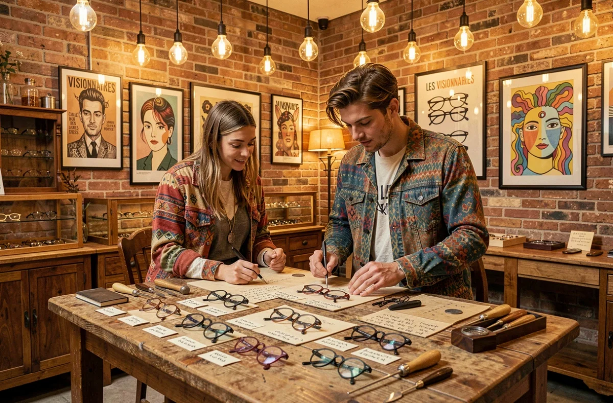 Deux opticiens du collectif Les Visionnaires collaborant autour d'une table en bois couverte de montures indépendantes dans une boutique au décor artisanal