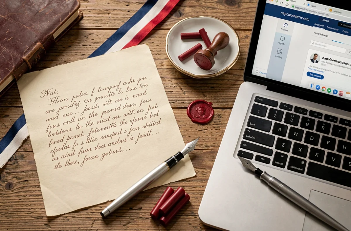 Vue à plat d'une lettre napoléonienne manuscrite en cursive historique avec sceau de cire et interface du générateur de courrier napoleonseries.com sur ordinateur portable