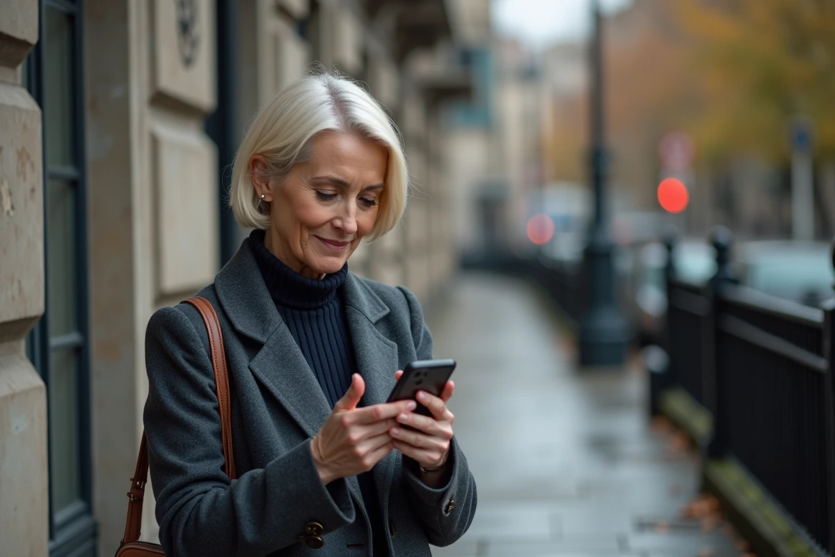 Femme en manteau de laine consultant son smartphone dans la rue pour configurer la liste rouge et le 0424 sur sa ligne mobile