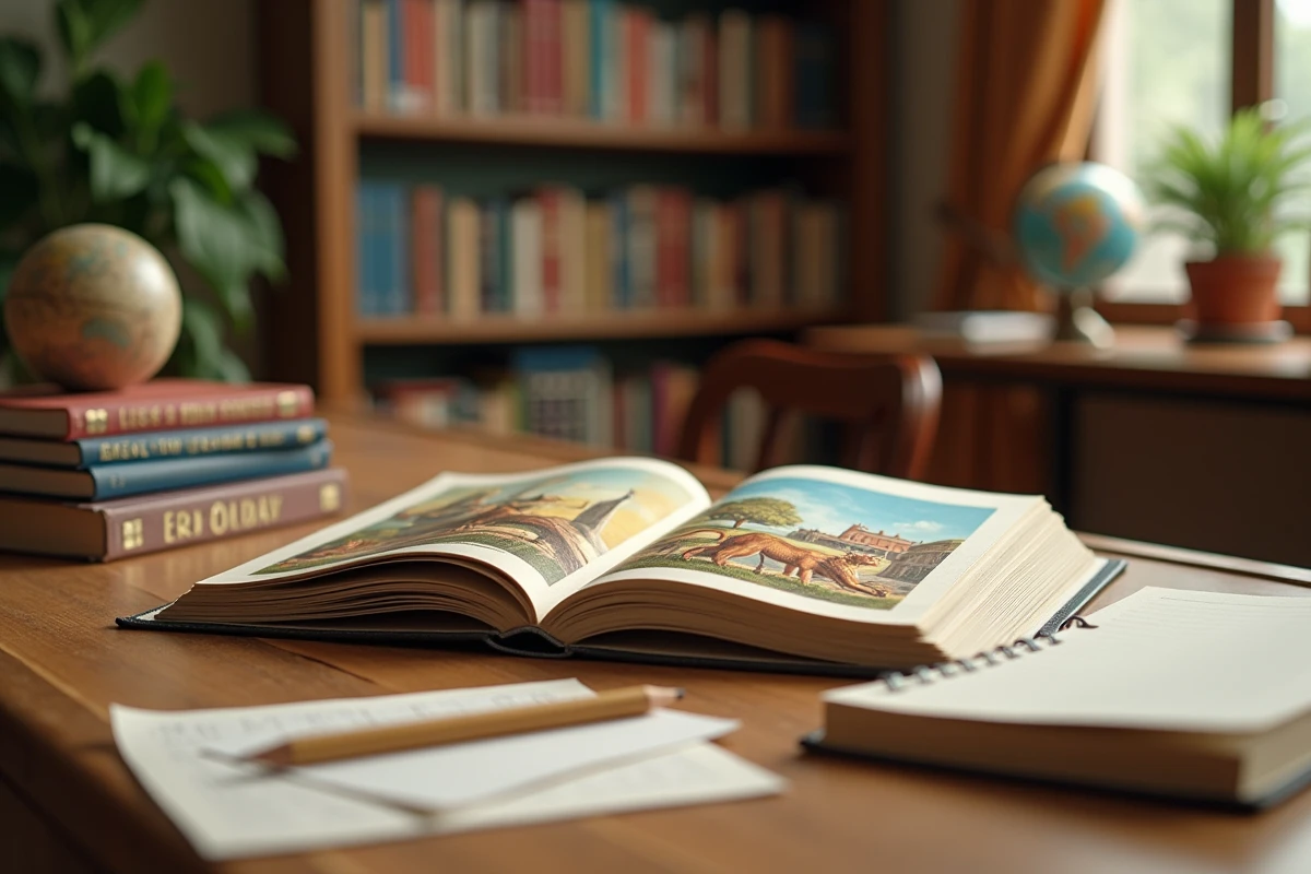 Livre illustré sur les 12 travaux d'Hercule ouvert sur une table de bibliothèque scolaire avec notes pédagogiques