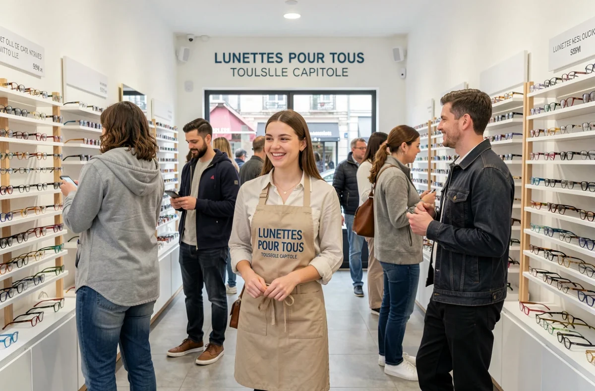 Opticienne de Lunettes Pour Tous Toulouse Capitole assistant des clients qui parcourent des présentoirs de montures accessibles dans une boutique lumineuse et animée