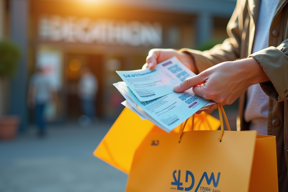 Mains tenant des cheques vacances avec sac Decathlon à l