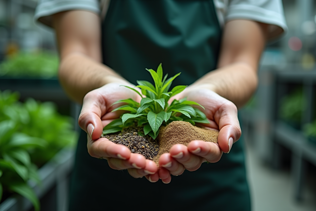 Mains manipulant produits recyclés avec plantes en arrière-plan