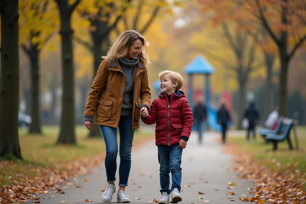 Maman et fils riant dans un parc urbain en automne