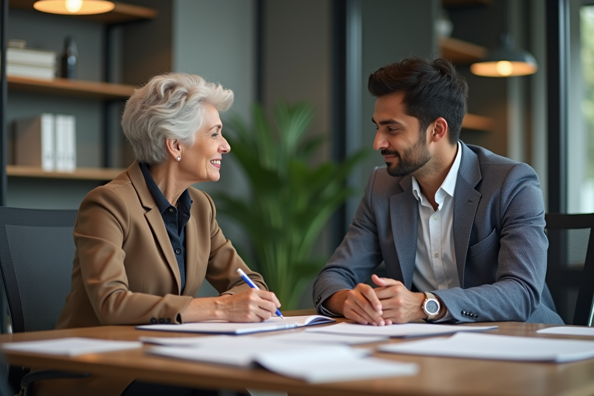 Manager senior et stagiaire partageant des idées lors d