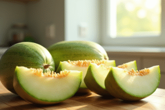 Groupe de melons honeydew entiers et tranchés sur une table en bois